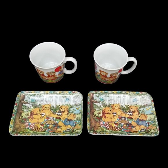 Vtg Lucy Rigg Lucy and Me Bear Plates with 2 Coffee Cups Mugs Made in Italy - Picture 2 of 13
